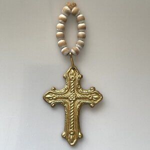 NEW IRON CROSS GOLD BEADED DECOR HOME